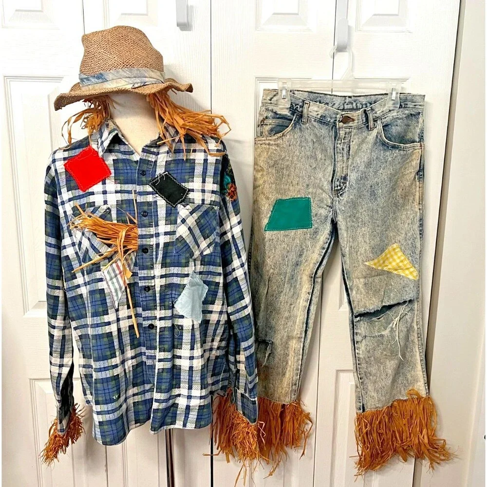 Vtg Handmade Scarecrow Costume Adult M/L Halloween USA Denim Patchwork Straw Hat